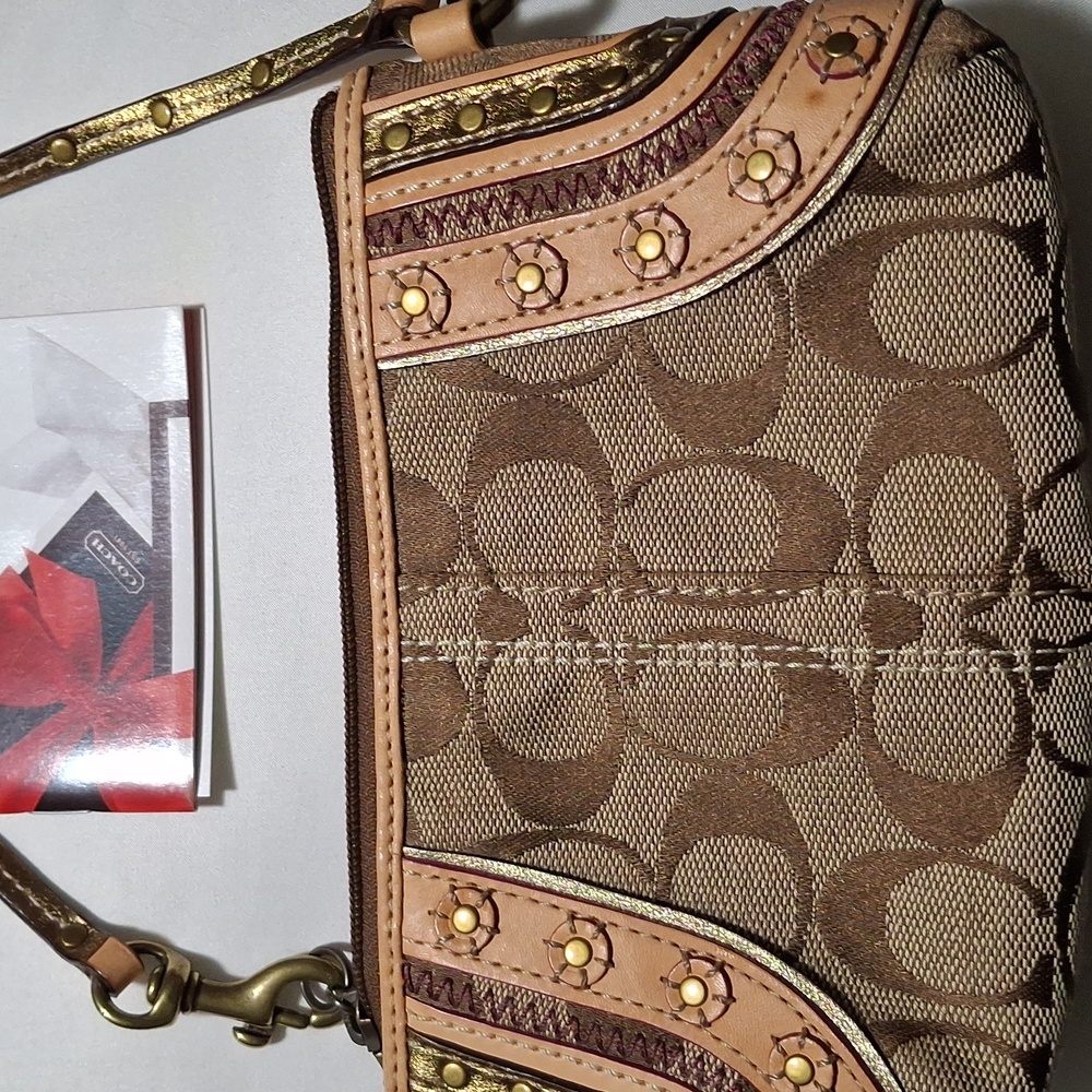 Coach Tan and Brown Wristlet with Gold Accents
